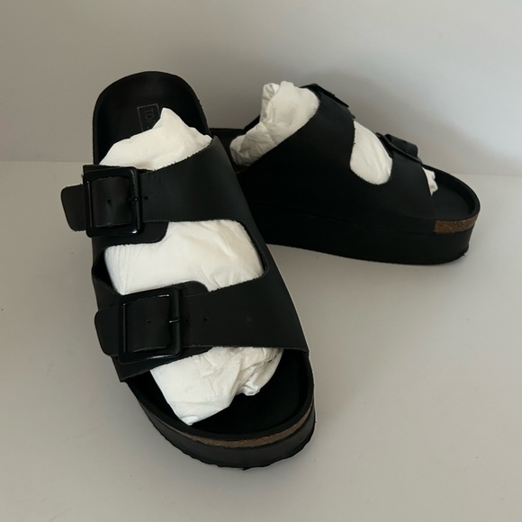 TOPSHOP Black Leather Fang Double Buckle Flatform Slip On Sandals Size 41 - Picture 7 of 8